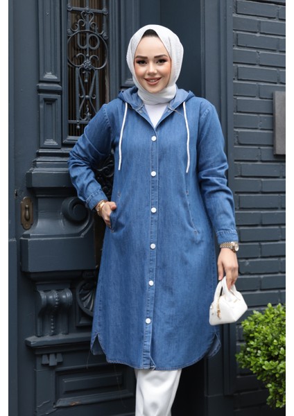 Düğmeli Mavi Tesettür Kot Kap 7041M fiyatları