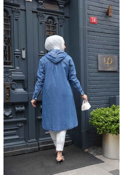 Düğmeli Mavi Tesettür Kot Kap 7041M modelleri