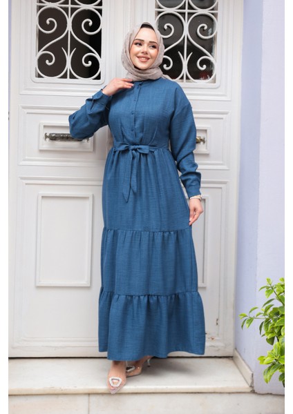 Kat Piliseli Indigo Mavisi Tesettür Elbise 61621IM