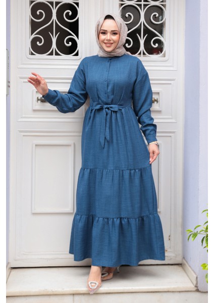 Kat Piliseli Indigo Mavisi Tesettür Elbise 61621IM