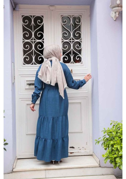 Kat Piliseli Indigo Mavisi Tesettür Elbise 61621IM modelleri