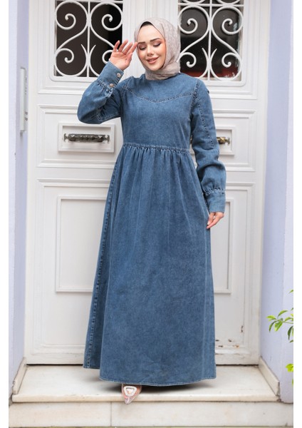 Roba Detaylı Mavi Tesettür Kot Elbise 19151M