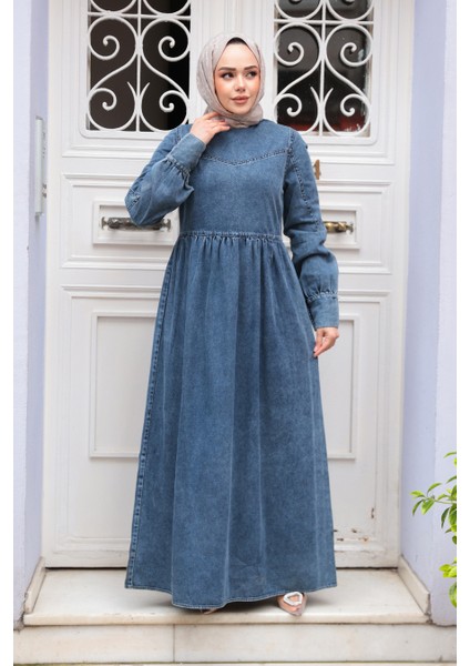 Roba Detaylı Mavi Tesettür Kot Elbise 19151M fiyatları