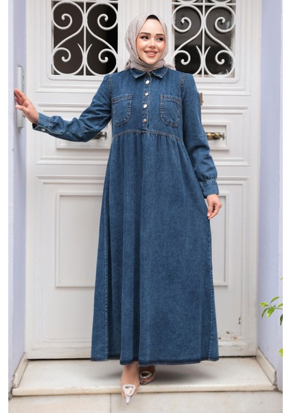 Cep Detaylı Lacivert Tesettür Kot Elbise 19150L