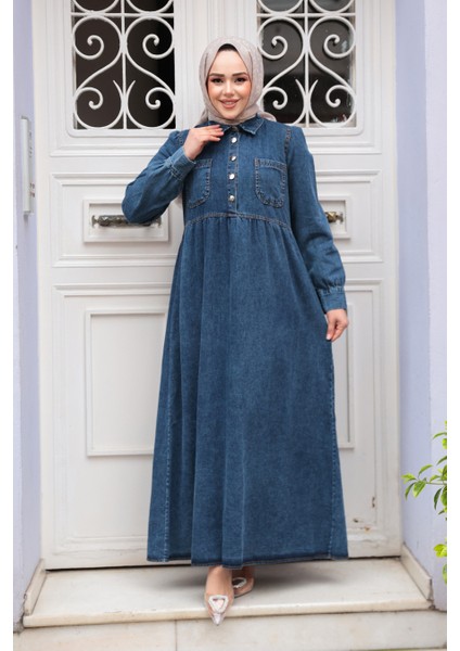 Cep Detaylı Lacivert Tesettür Kot Elbise 19150L modelleri