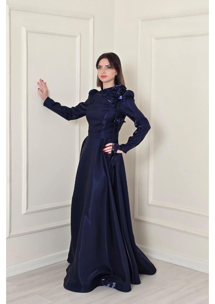 Lacivert Yaka Çiçekli Abiye Elbise 5150