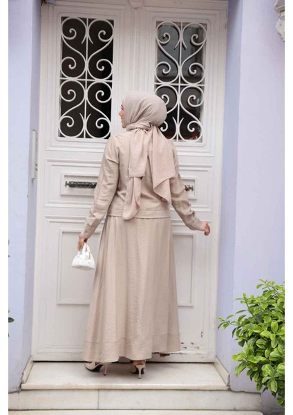 Ceketli Koyu Bej Tesettür Etekli Ikili Takım 44723KBEJ