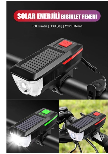 Solar Enerjili LED Bisiklet Feneri ve Korna - Su Geçirmez ve USB ile Şarj Edilebilir Far