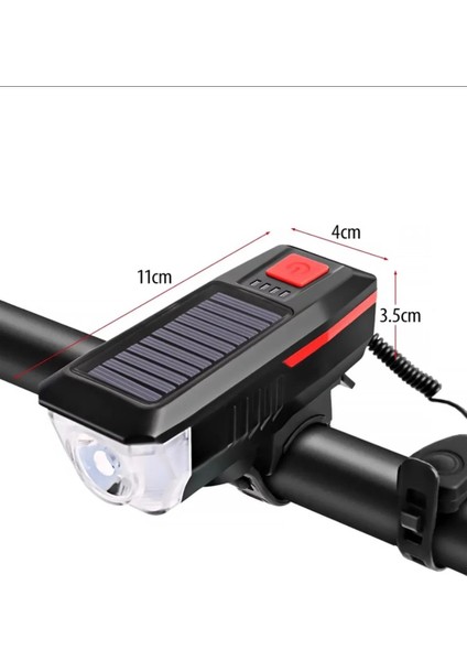 Solar Enerjili LED Bisiklet Feneri ve Korna - Su Geçirmez ve USB ile Şarj Edilebilir Far