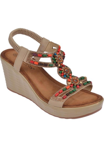 25Y155 Kadın Taşlı Dolgu Topuklu Lastikli Comfort Sandalet Bej