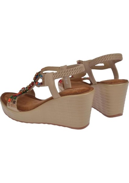 25Y155 Kadın Taşlı Dolgu Topuklu Lastikli Comfort Sandalet Bej fırsatları