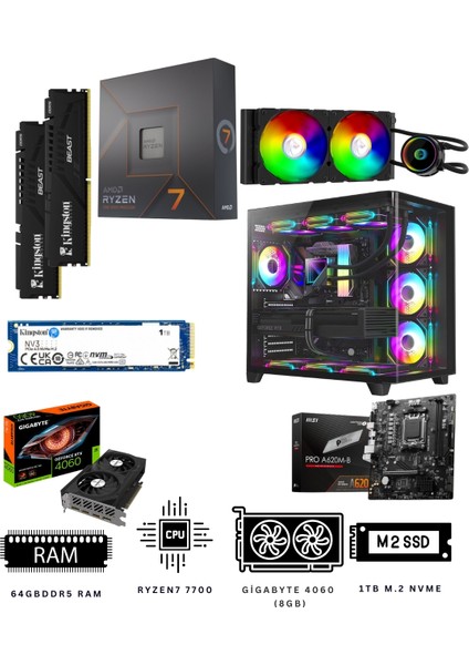 Aqua Glow 64X Ryzen 7 7700 64GB Ddr5 1tb Nvme M.2 RTX4060 Ekran Kartlı Oyuncu Bilgisayarı