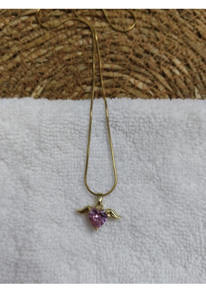 Mor Taş Kalpli Kolye Özel Tasarım 45 cm