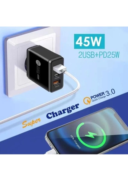 45W 2 USB + 1Type-C Girişli Hızlı Şarj Adaptörü