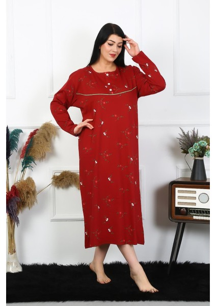 Kadın Büyük Beden Uzun Kol Bordo Anne Gecelik