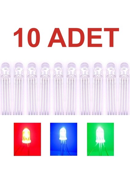 10 Adet - Rgb Led 5mm Şeffaf Katot (ORTAK EKSİ) 4 Bacaklı Katod Arduino Raspberry