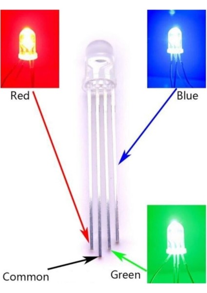 10 Adet - Rgb Led 5mm Şeffaf Katot (ORTAK EKSİ) 4 Bacaklı Katod Arduino Raspberry