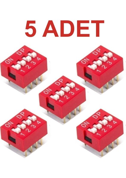 5 Adet 4 Pin Dıp Switch Kırmızı On‑off 2.54 mm Pcb