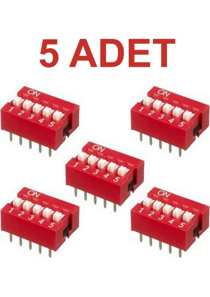5 Adet 5 Pin Dıp Switch Kırmızı On‑off 2.54 mm Pcb