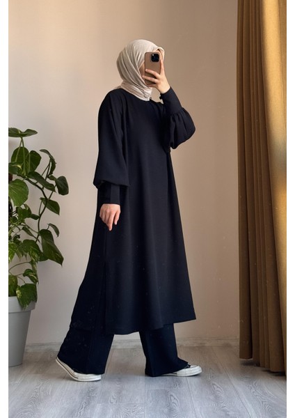 Manşet Detaylı Pantolonlu Takım- Siyah