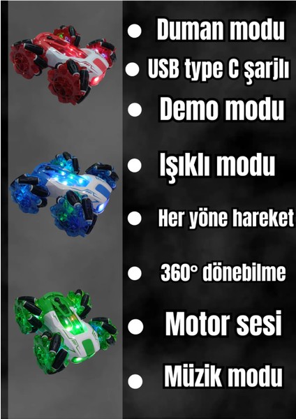 Drift Yapan Uzaktan Kumandalı Araba-Buhar,ışık,ses,typec ŞARJ,360°DÖNÜŞ,FULL Fonksiyon