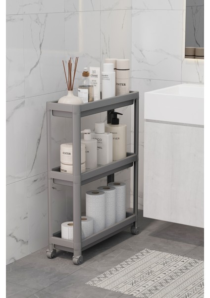 Mithra Life 3 Katlı Tekerlekli Slim Ince Gri Banyo Mutfak Rafı MIT1127