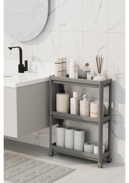 Mithra Life 3 Katlı Tekerlekli Slim Ince Gri Banyo Mutfak Rafı MIT1127 fiyatları