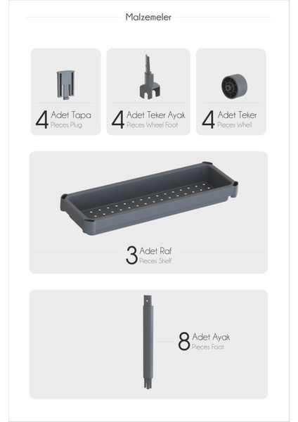 Mithra Life 3 Katlı Tekerlekli Slim Ince Gri Banyo Mutfak Rafı MIT1127