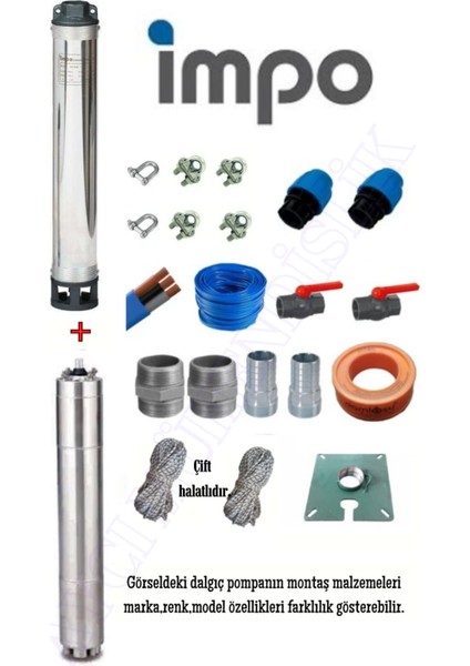 Sk 404/27 3hp Technoplast Başlıklı 80 mt Yassı Kablolu ve Panolu 160 mt Halatlı Çift Vanalı Akıtma Başlıklı Trifaze Takım Dalgıç Pompa