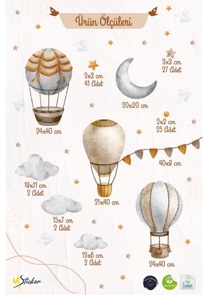 Bohem Retro Balonlar ve Yıldızlar Çocuk Bebek Odası Kreş Anaokulu Süsleme Sticker Seti Mat Yüzey indirimleri