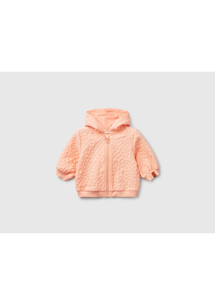 Bebek Yavruağzı Logo Etiketli Jakarlı Fermuarlı Kapüşonlu Sweatshirt