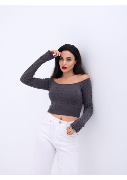 42241 Triko Kayık Yaka Crop-Antrasit