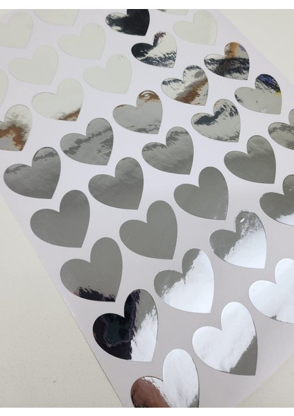 Yapışkanlı Sticker Kalp Şekilli Sticker Etiket Parlak Gümüş Renkli 40 Adet 3.5x3.5 cm