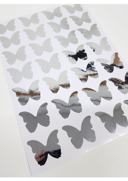 Yapışkanlı Sticker Kelebek Şekilli Sticker Etiket Parlak Gümüş Renkli 28 Adet 3.5x4.5 cm