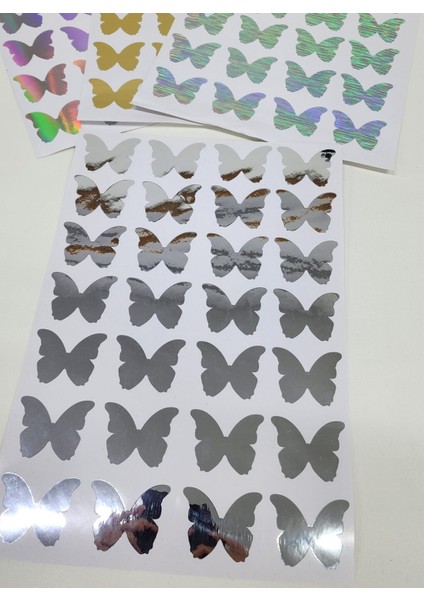 Yapışkanlı Sticker Kelebek Şekilli Sticker Etiket Parlak Gümüş Renkli 28 Adet 3.5x4.5 cm fiyatları