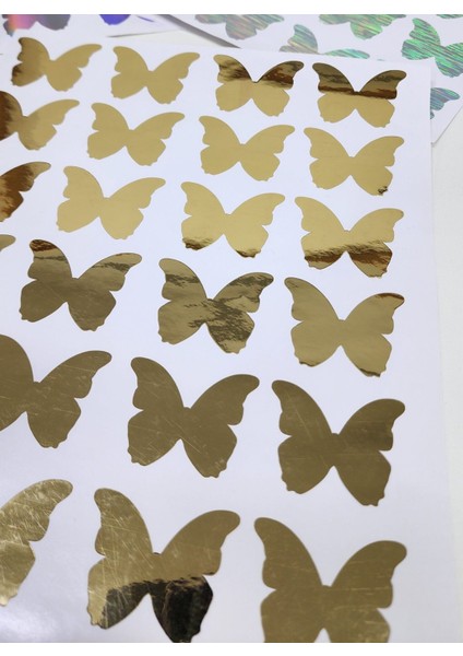 Yapışkanlı Sticker Kelebek Şekilli Sticker Etiket Parlak Gold Renkli 28 Adet 3.5x4.5 cm