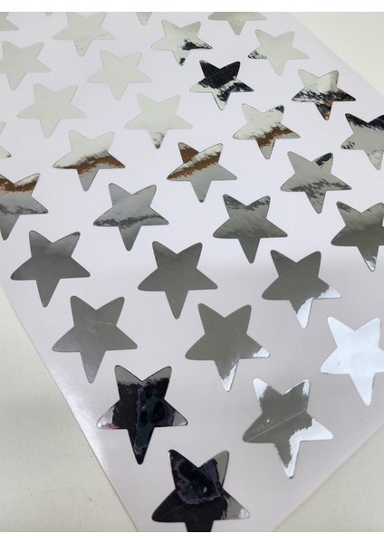 Yapışkanlı Sticker Yıldız Şekilli Sticker Etiket Parlak Gümüş Renkli 40 Adet 3.5x3.5 cm