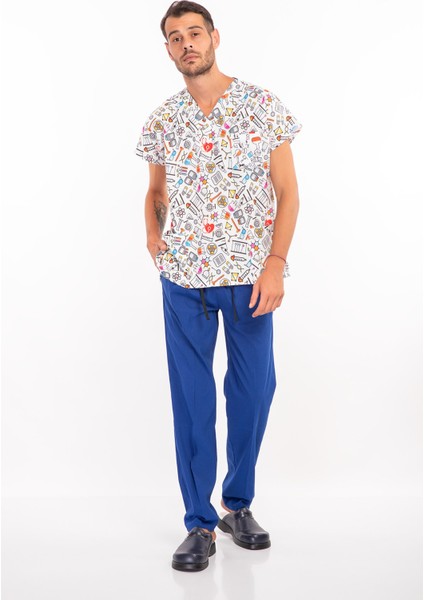 Renkli Laborant Desenli Likralı Hemşire Doktor Laboratuvar Scrubs Üniforma Takımı