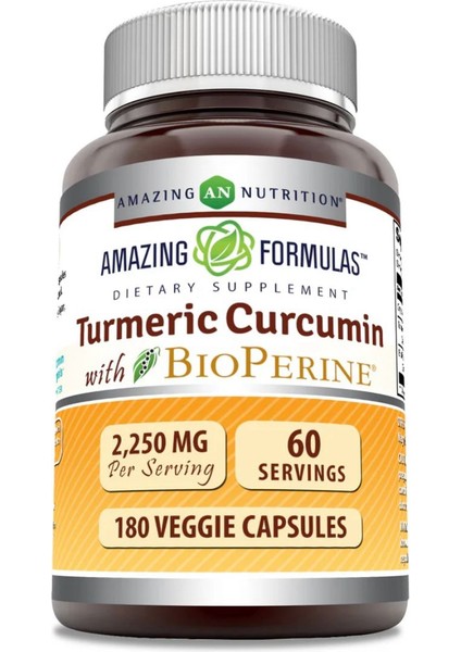 Turmeric Curcumin With Bioperine | 2250 mg Per Serving | 180 Veggie Capsules