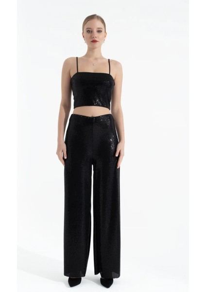 Siyah Parlak Pullu Askılı Polyester Kumaş Crop