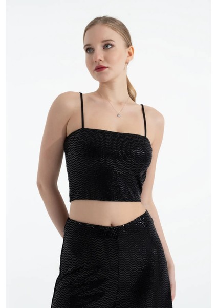 Siyah Parlak Pullu Askılı Polyester Kumaş Crop
