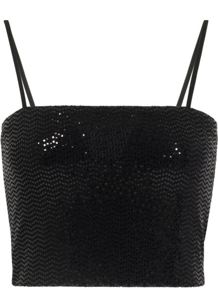 Siyah Parlak Pullu Askılı Polyester Kumaş Crop