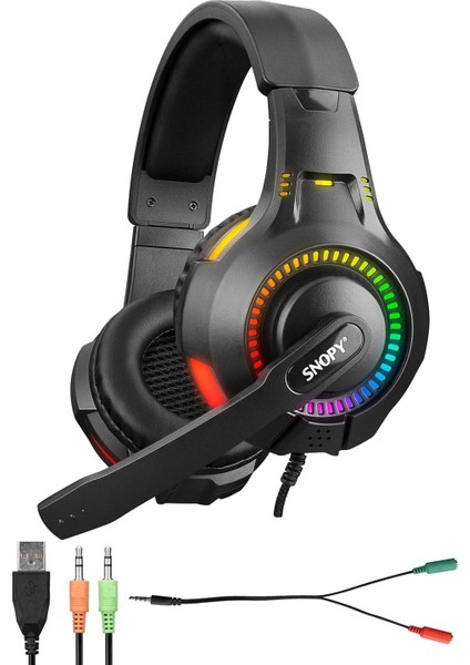 Snopy SN-8800 Gametıme Rgb Işıklı Pc USB 3,5m Ps4-Xbox-Mobile Siyah Gaming Oyuncu Mikrofonlu Kulaklık