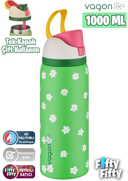 1000 ml Tek Kapak Çift Kullanım Pipetli/pipetsiz Taşıma Kulplu Çelik Termos -FFVGN045ML1000DESENLI