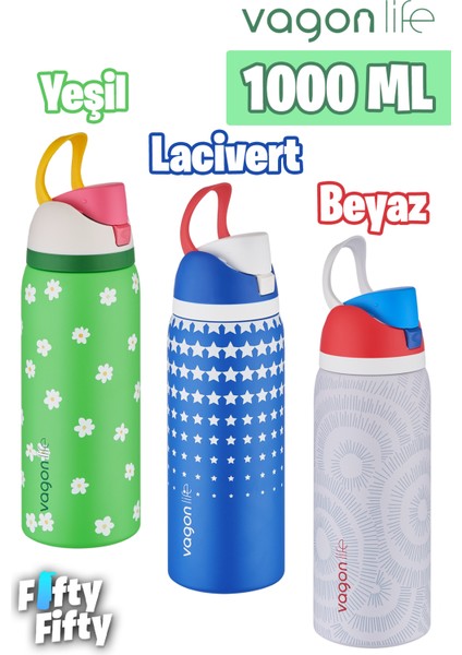 1000 ml Tek Kapak Çift Kullanım Pipetli/pipetsiz Taşıma Kulplu Çelik Termos -FFVGN045ML1000DESENLI