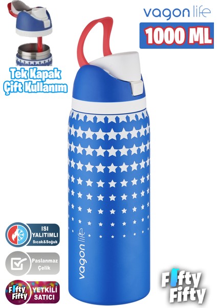 1000 ml Tek Kapak Çift Kullanım Pipetli/pipetsiz Taşıma Kulplu Çelik Termos -FFVGN045ML1000DESENLI