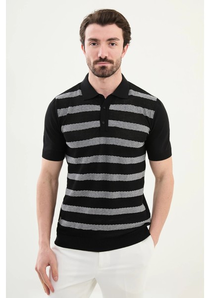 Çizgili Slim Fit Polo Yaka Erkek Triko T-Shirt