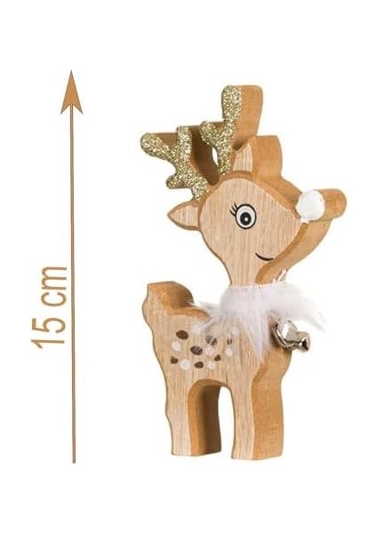 Yılbaşı Süsü Dekoratif Çıngıraklı Ahşap Geyik Biblo Figür - 15 cm