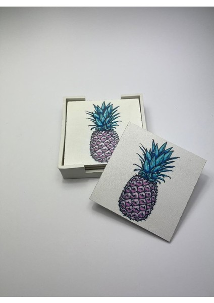 Menashop Metrashop Ahşap Bardak Altlığı Seti (Kutulu - Ananas Desenli)