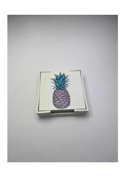 Menashop Metrashop Ahşap Bardak Altlığı Seti (Kutulu - Ananas Desenli)